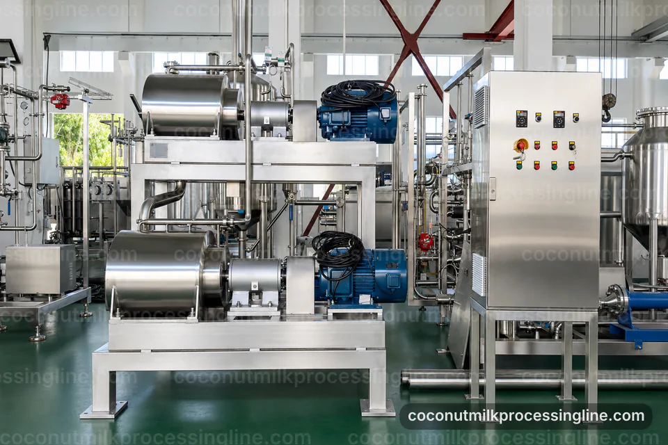 Industrial Coconut Milk Processing Line: Hygienic Design Operating Stage industrial coconut milk processing line, hygienic design: coconut meat press operating stage