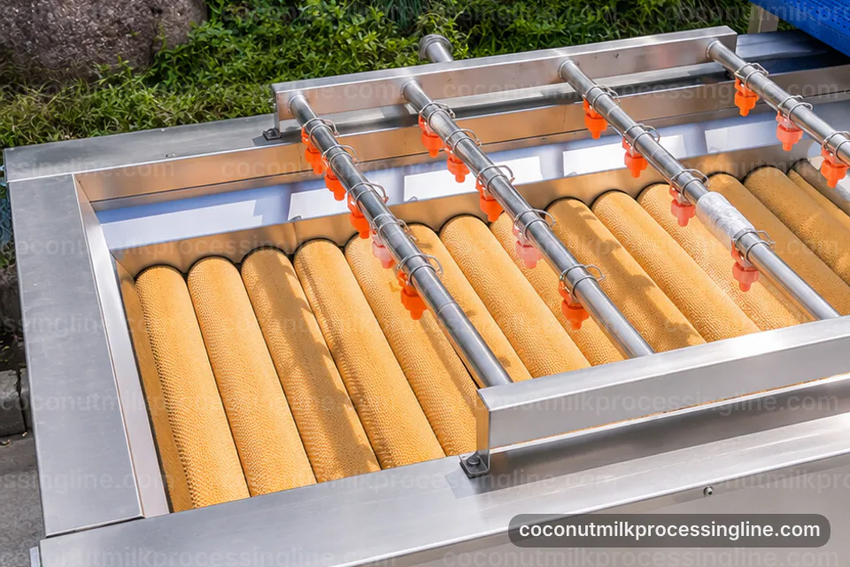 industrial coconut milk processing line, plant integration: pressing with fiber separation section operating stage