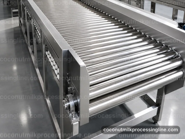 industrial coconut milk processing line, feed and output handling: pressing with fiber separation section connection view