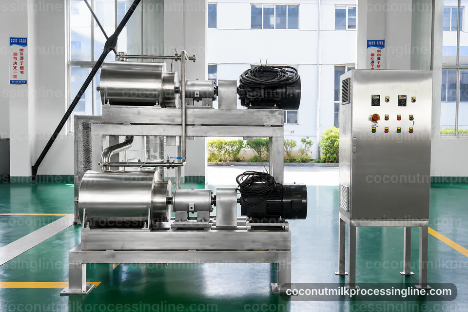 industrial coconut milk processing line, feed and output handling: coconut meat press operating stage